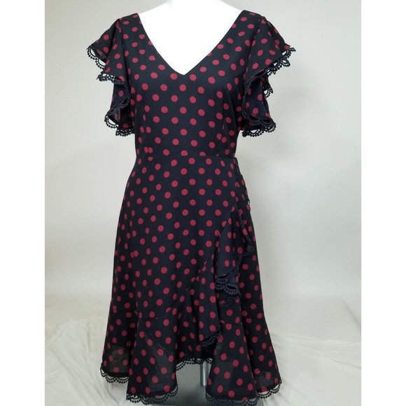BB Dakota Dress 4 Navy Blue Red Polka Dot Lace V Pin Up Gothic Punk Alt Cosplay - Picture 1 of 9